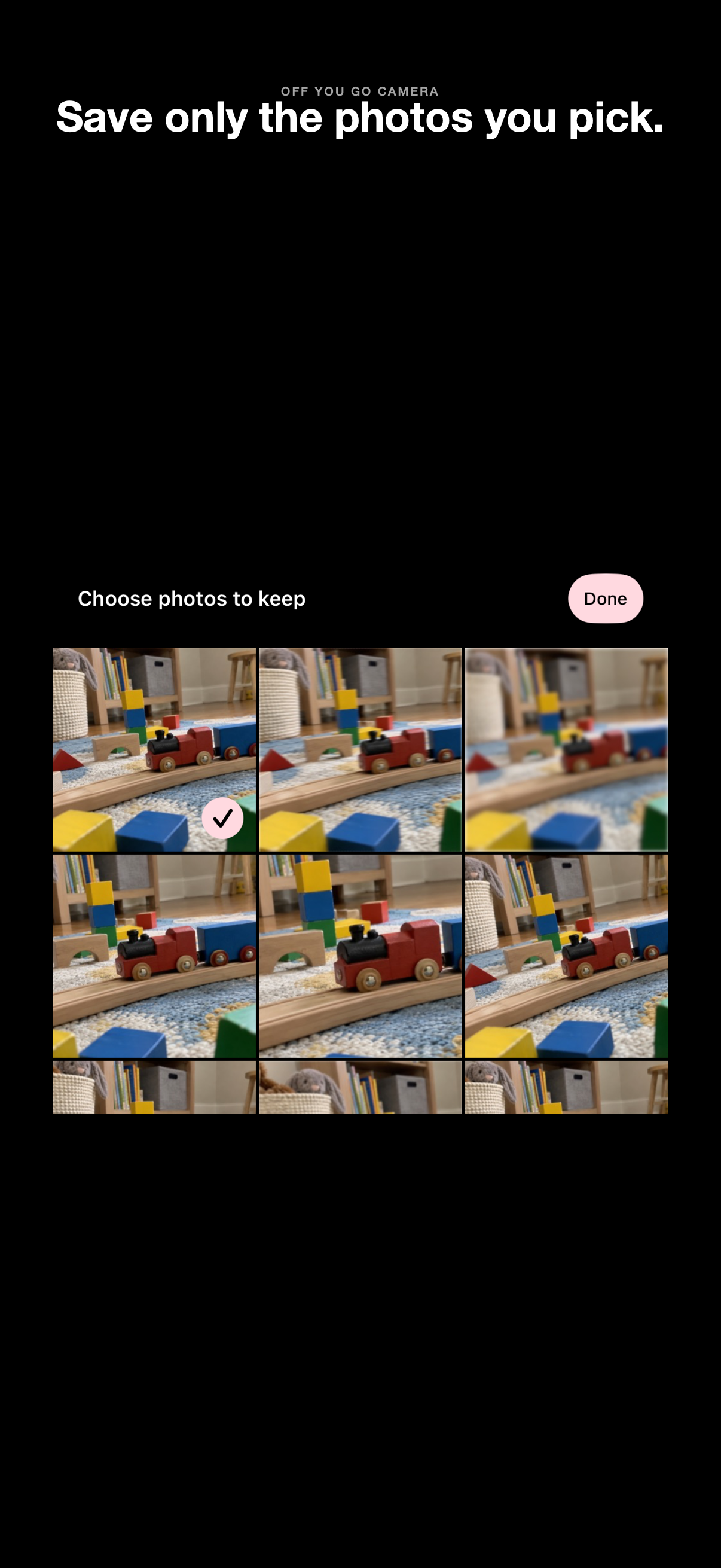 Selection screen with two toy train photos checked